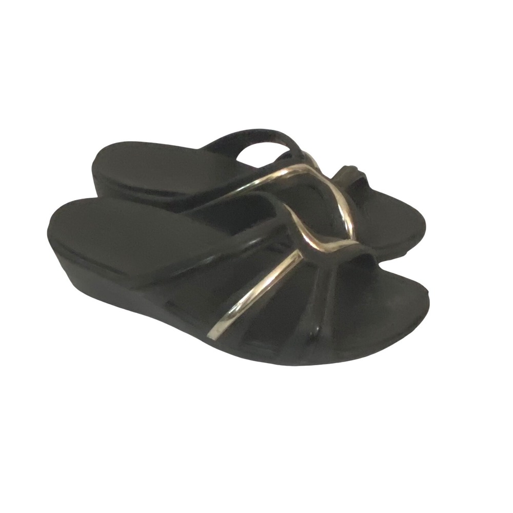 Crocs Patricia Wedge Sandles Sz 5  Black Metallic Silver Strappy Slides